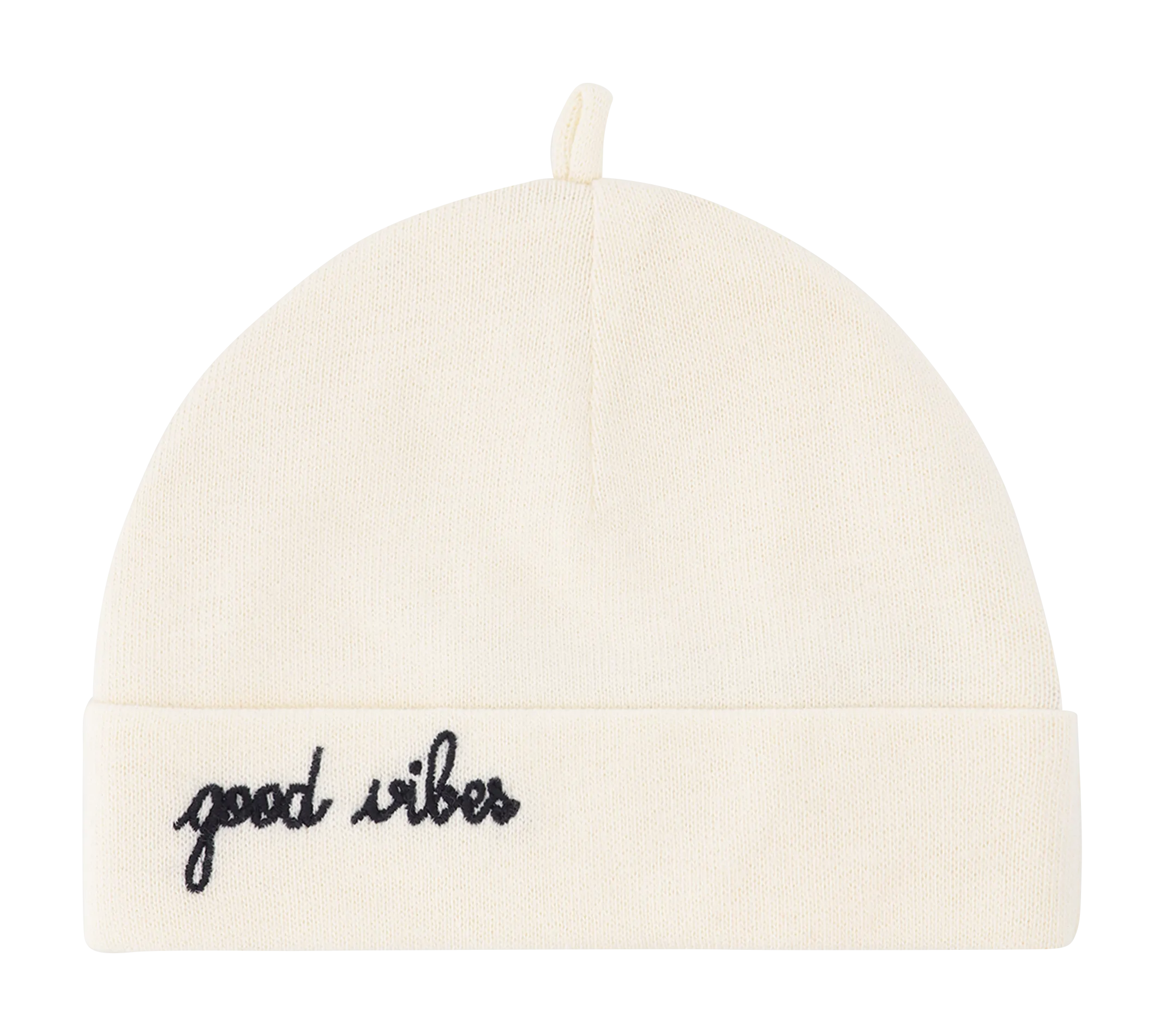 BIRTH BEANIE CHAUMONT GOOD VIBES  GORRO DE NACIMIENTO DE ALGODóN ORGáNICO CON BORDADO GOOD VIBES EN BLANCO