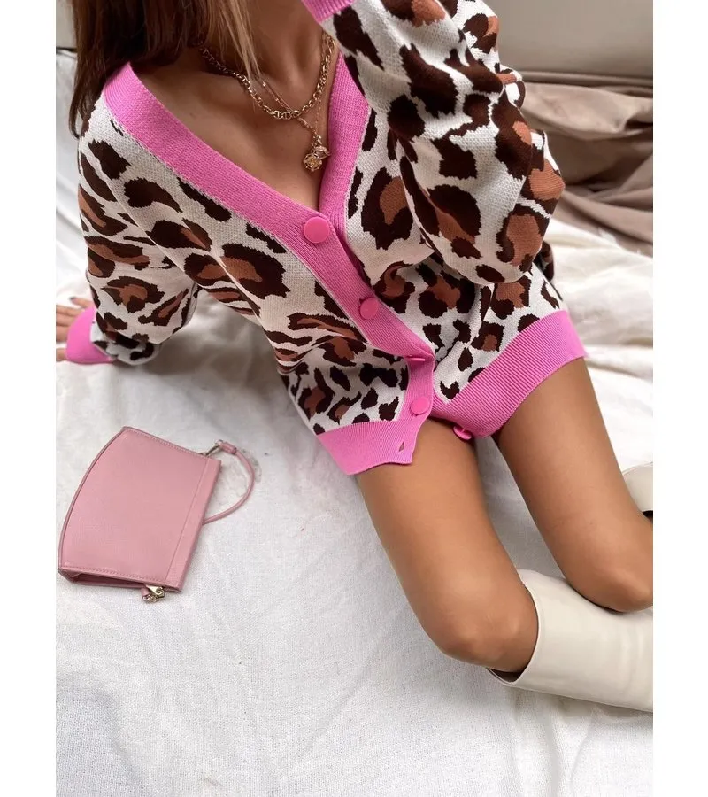 CáRDIGAN DE MUJER EXTRAGRANDE CON ESTAMPADO DE LEOPARDO  13333  BEIGE / ROSA