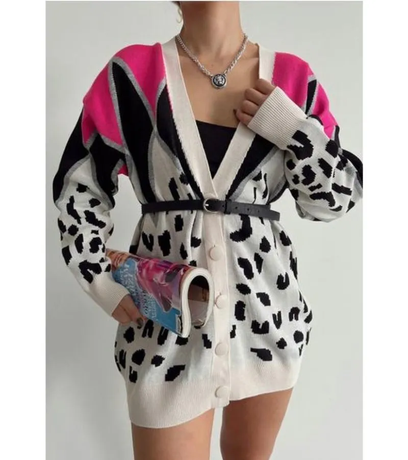 CáRDIGAN DE MUJER EXTRAGRANDE CON ESTAMPADO DE LEOPARDO  220010  BEIGE / ROSA