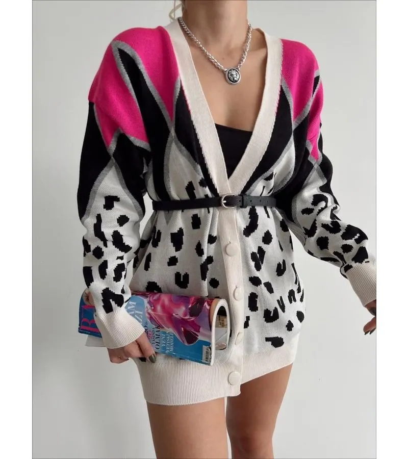 CáRDIGAN DE MUJER EXTRAGRANDE CON ESTAMPADO DE LEOPARDO  220010  BEIGE / ROSA