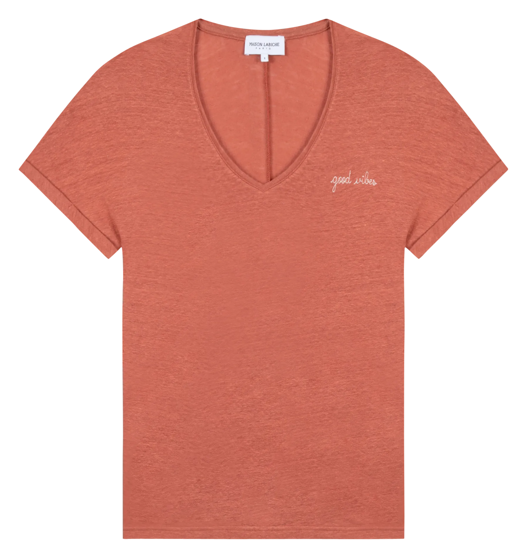 MAISON LABICHE CHATEAU GOOD VIBES  CAMISETA HOLGADA DE LINO CON CUELLO DE PICO EN NARANJA