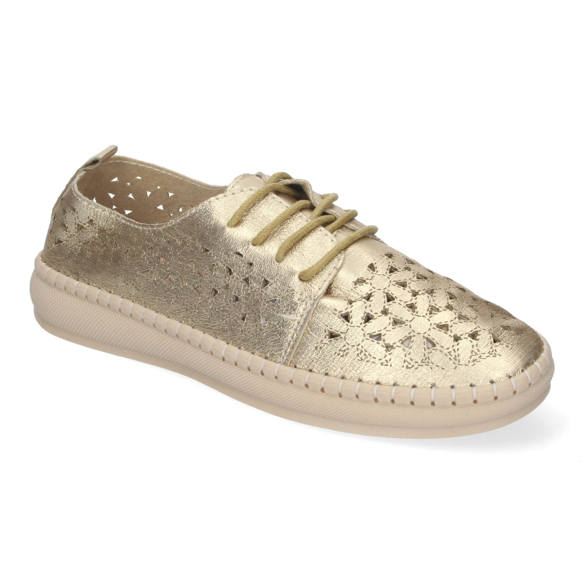 ZAPATOS DORADOS PLANOS PARA MUJER ESTILO OXFORD CALADO AD3273
