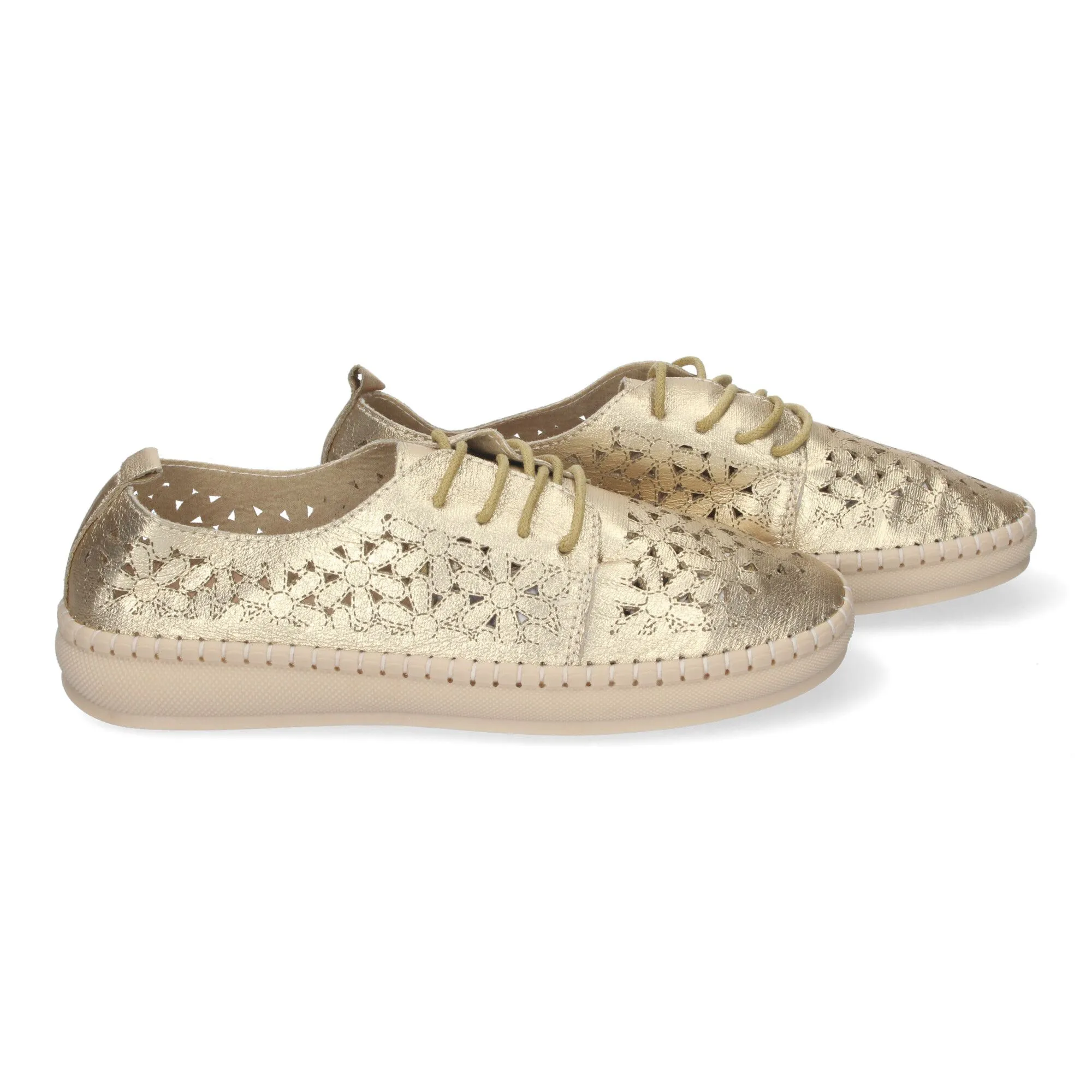 ZAPATOS DORADOS PLANOS PARA MUJER ESTILO OXFORD CALADO AD3273